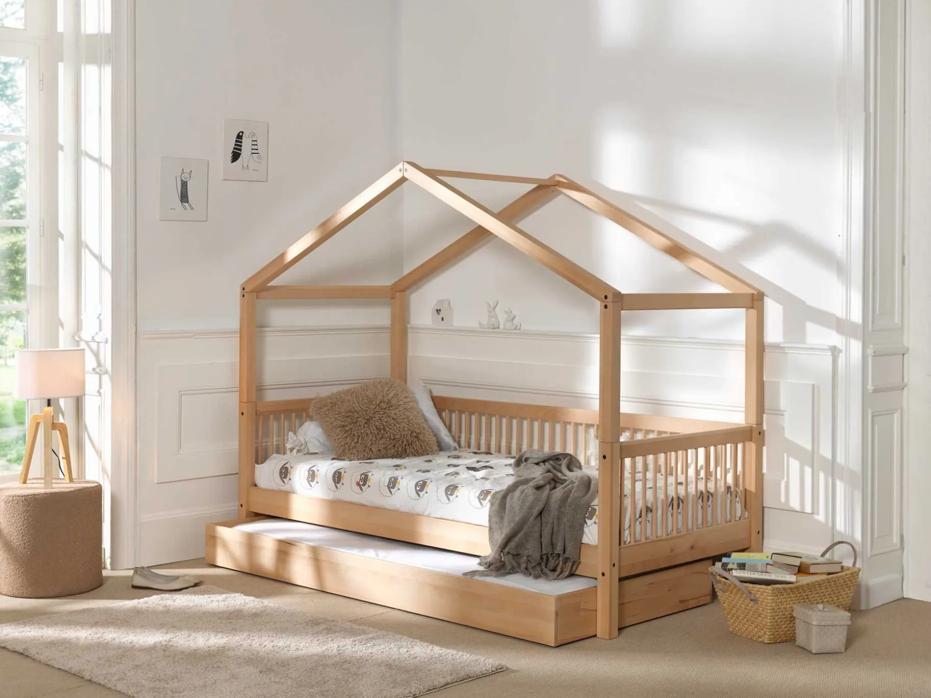 Hausbett Forrest 90x200cm mit Rollbett - Buche Massivholz