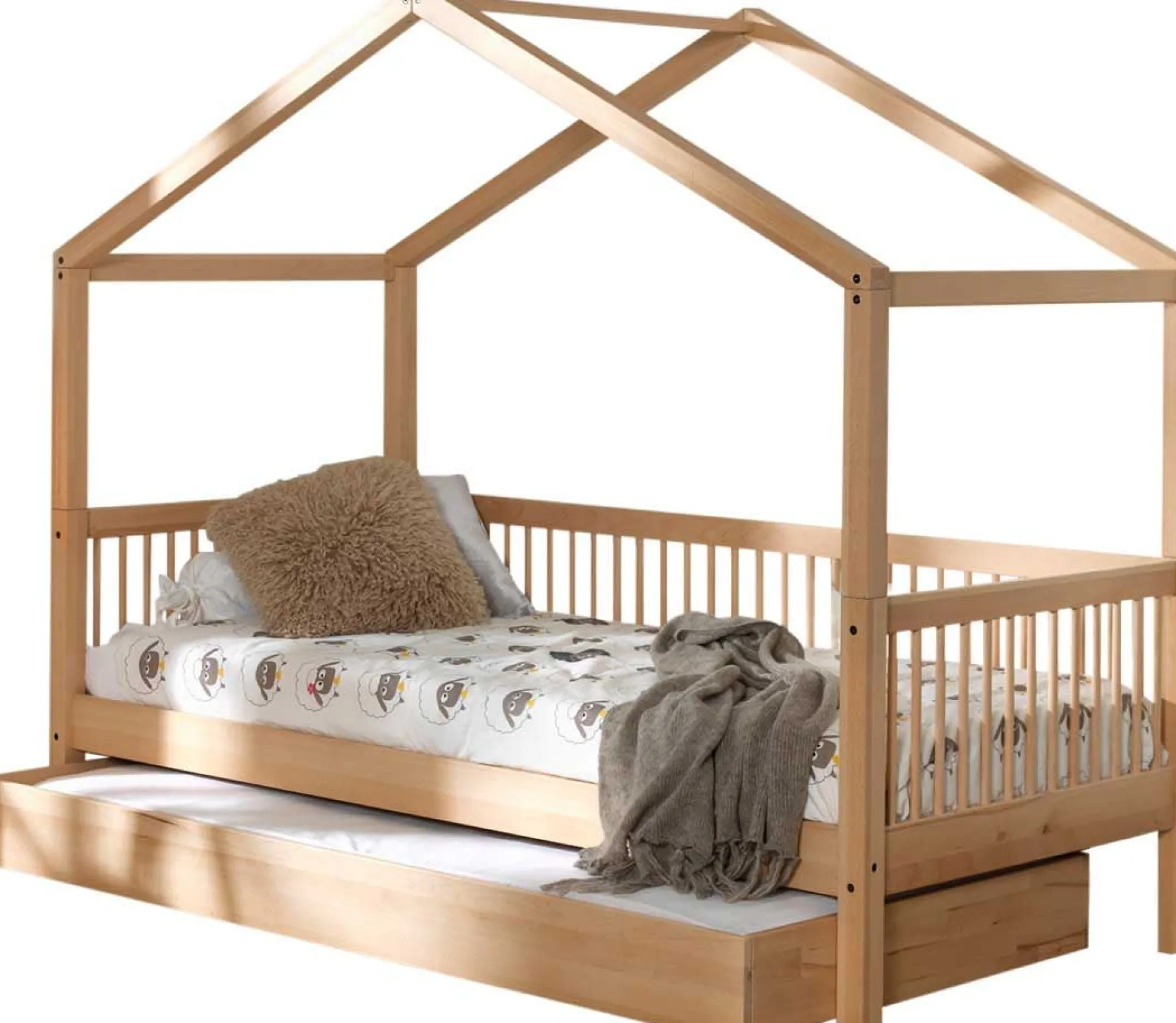 Hausbett Forrest 90x200cm mit Rollbett - Buche Massivholz