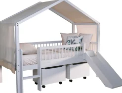 Hausbett Forrest - 90x200cm - mit Rutsche, Aufbewahrungskästen und Schlafzelt - Buche - weiß