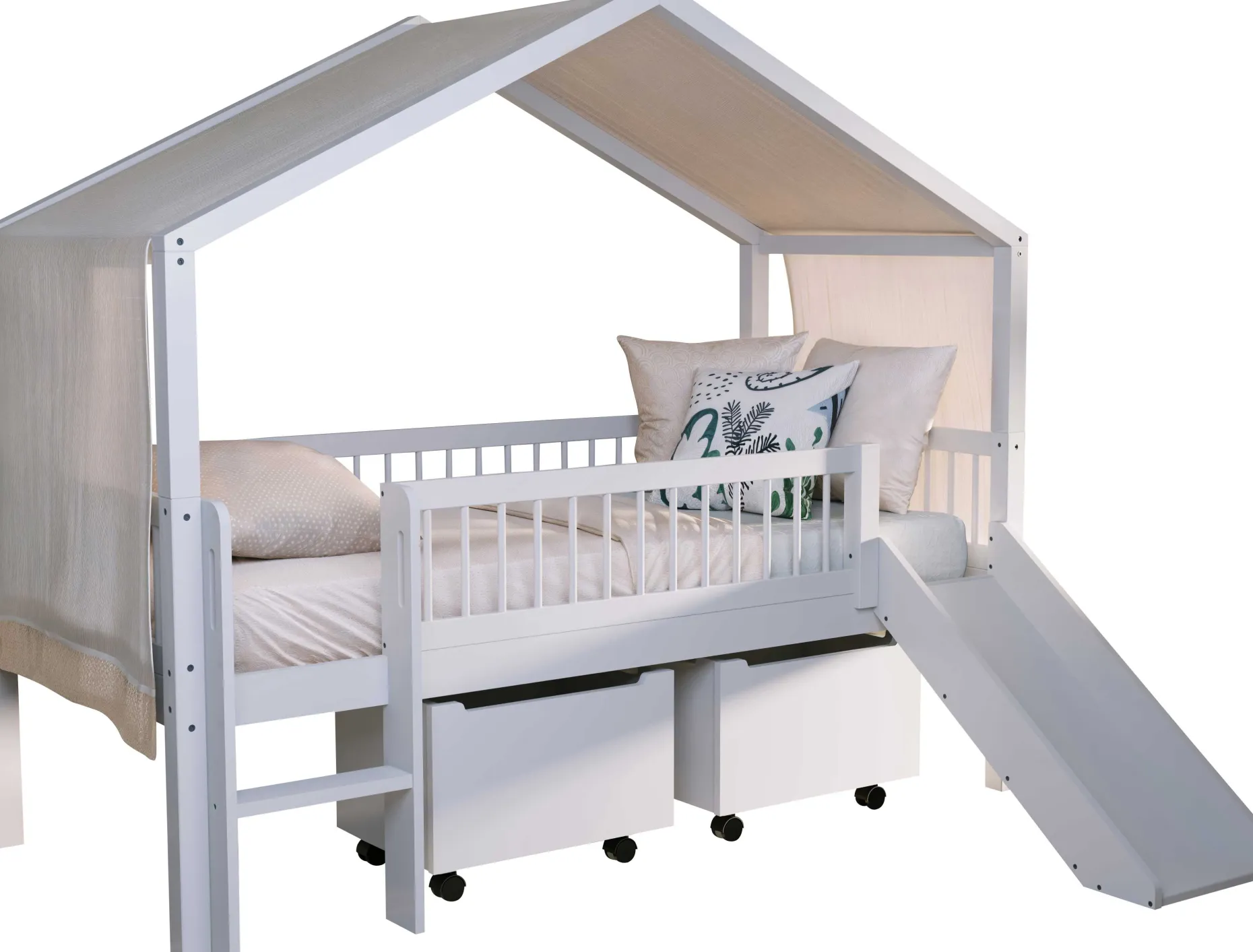 Hausbett Forrest - 90x200cm - mit Rutsche, Aufbewahrungskästen und Schlafzelt - Buche - weiß