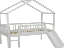 Hausbett Forrest - 90x200cm - mit Rutsche, Aufbewahrungskästen und Schlafzelt - Buche - weiß