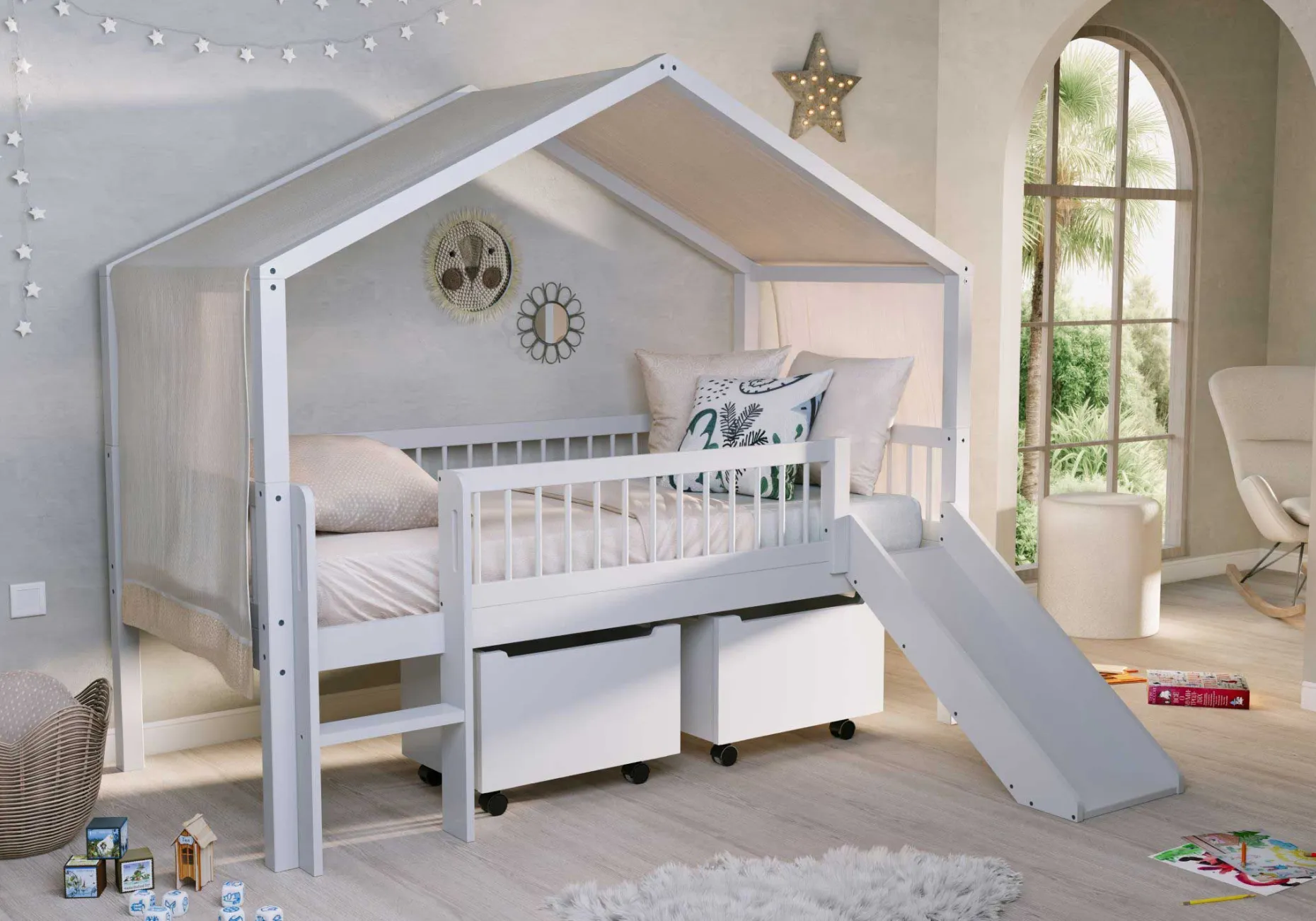 Hausbett Forrest - 90x200cm - mit Rutsche, Aufbewahrungskästen und Schlafzelt - Buche - weiß