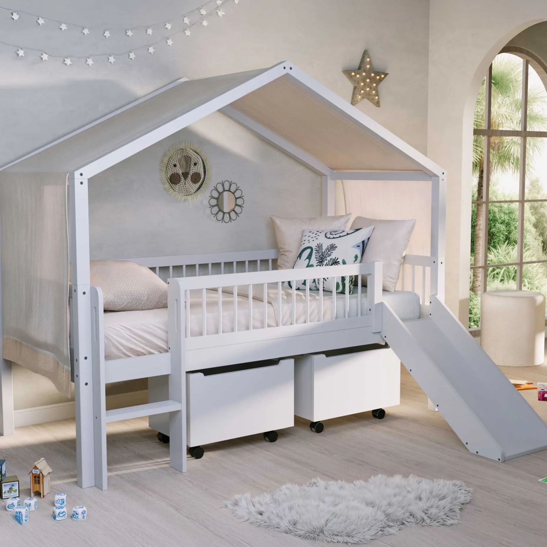 Hausbett Forrest - 90x200cm - mit Rutsche, Aufbewahrungskästen und Schlafzelt - Buche - weiß