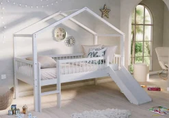 Hausbett Forrest - 90x200cm - mit Rutsche, Aufbewahrungskästen und Schlafzelt - Buche - weiß