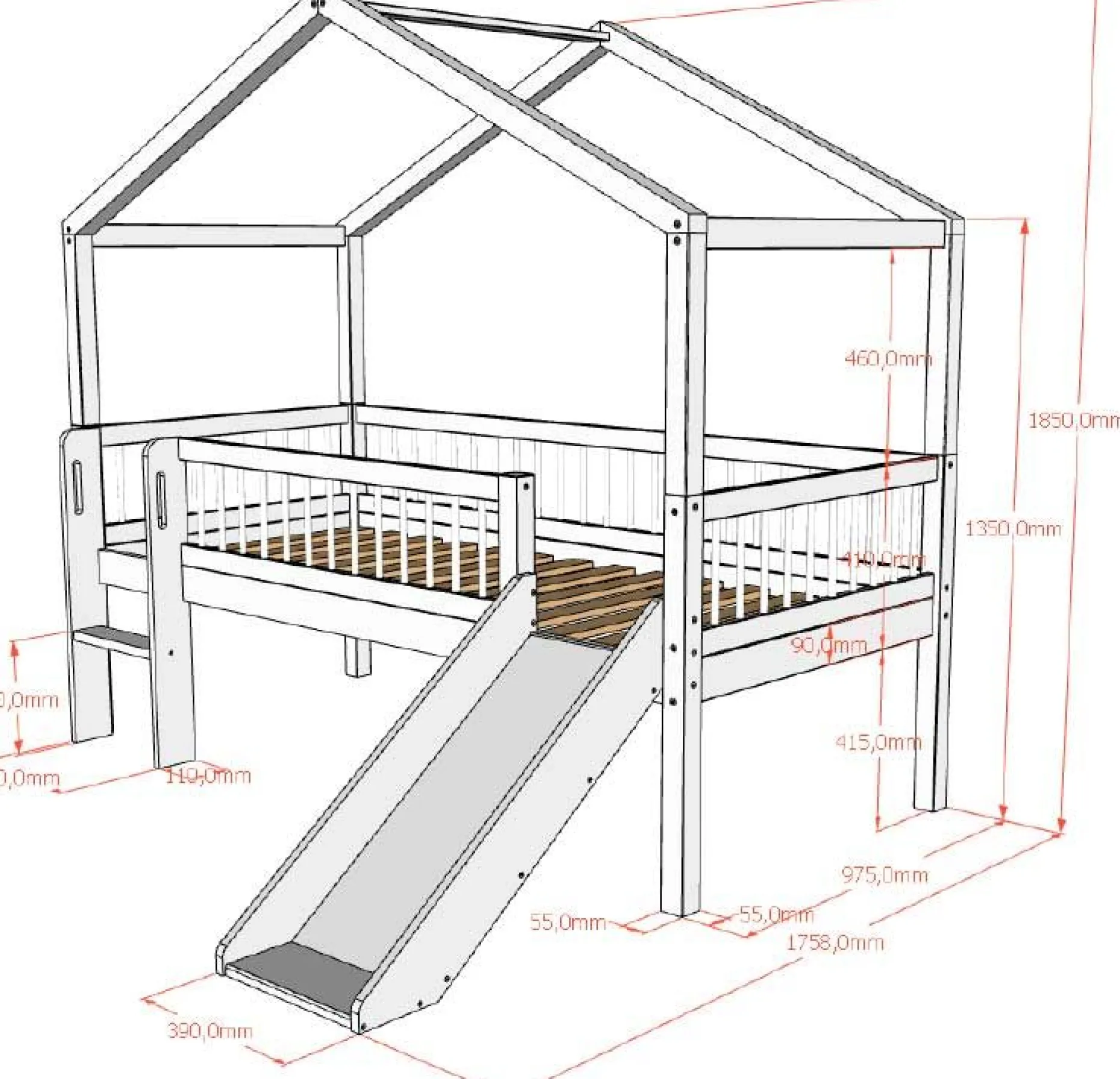 Hausbett Forrest - 90 x 200cm - mit Schieber - Buche massiv - weiß