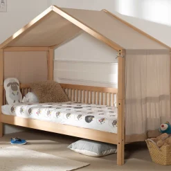 Hausbett Forrest 90x200 mit Bettzelt - Buche massiv/rosa