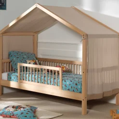Hausbett Forrest 90x200 mit herunterklappbarem Schutzgitter und Bettzelt - Buche/Rosa