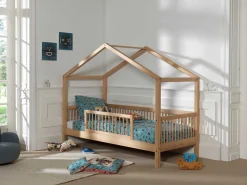 Hausbett Forrest 90x200 mit herunterklappbarem Schutzgitter und Bettzelt - Buche/Rosa