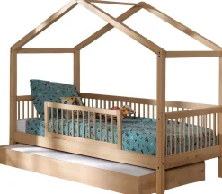 Hausbett Forrest 90x200 mit Rollbett, herunterklappbarem Schutzgitter und Bettzelt - Buche/Rosa