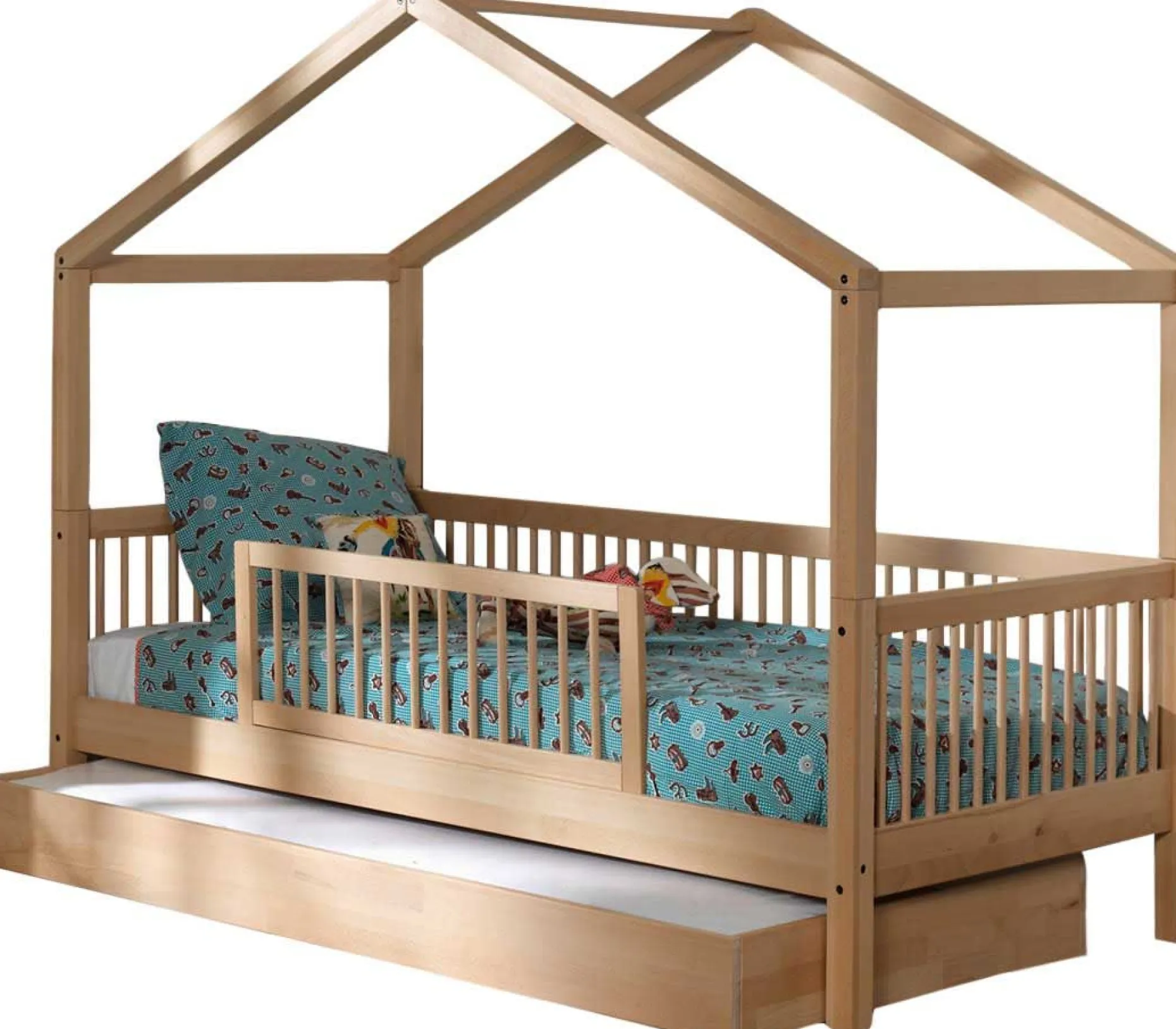 Hausbett Forrest 90x200 mit Rollbett, herunterklappbarem Schutzgitter und Bettzelt - Buche/Rosa