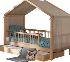 Hausbett Forrest 90x200 mit Rollbett, herunterklappbarem Schutzgitter und Bettzelt - Buche/Rosa