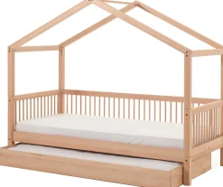 Hausbett Forrest 90x200 mit Rollbett und Schlafzelt - Buche/Rosa