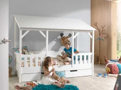 Hausbett Malia 90x200 mit Bettkasten - weißes Dach