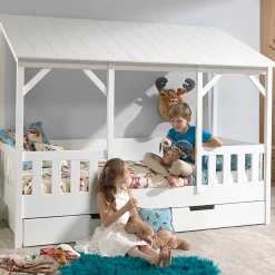 Hausbett Malia 90x200 mit Bettkasten - weißes Dach