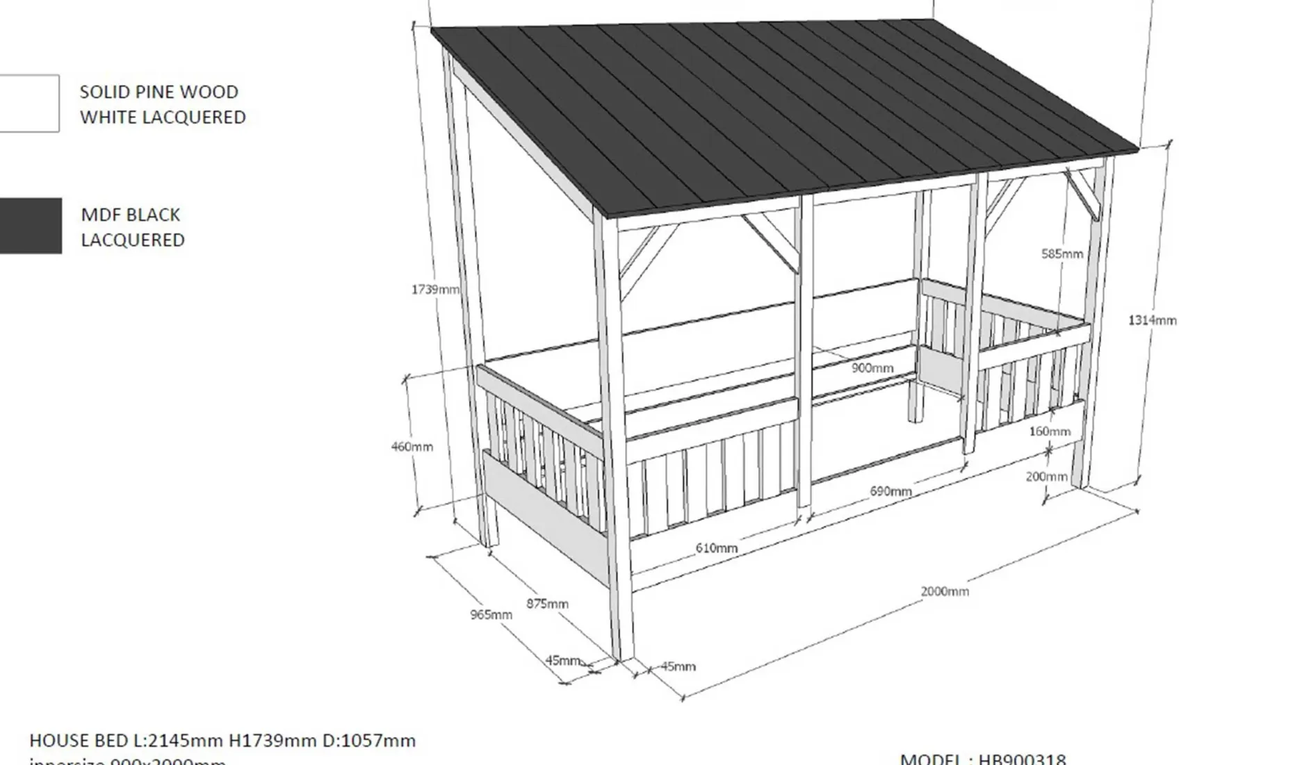 Hausbett Malia 90x200 mit Bettkasten - weißes Dach