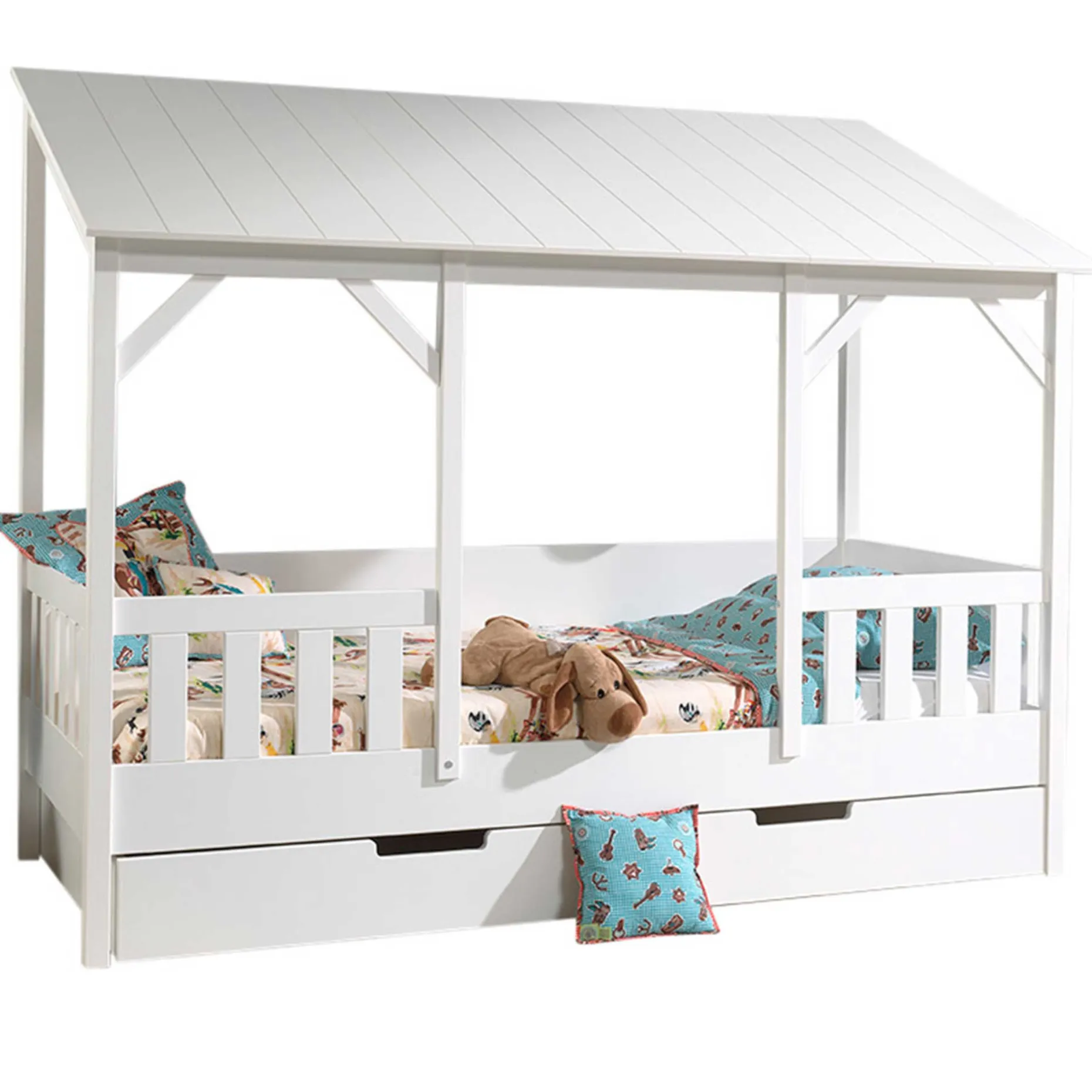 Hausbett Malia 90x200 mit Bettkasten - weißes Dach