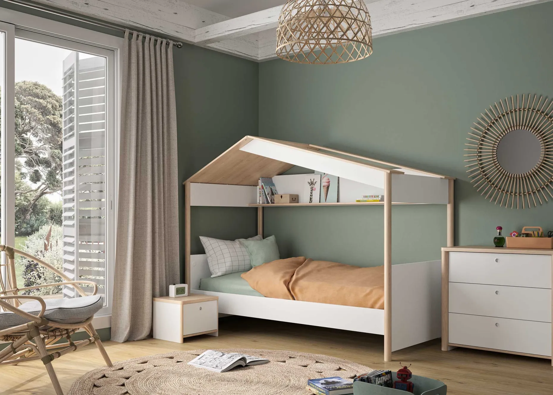 Hausbett Matis - 90x200cm - weiß/kastanien Dekor