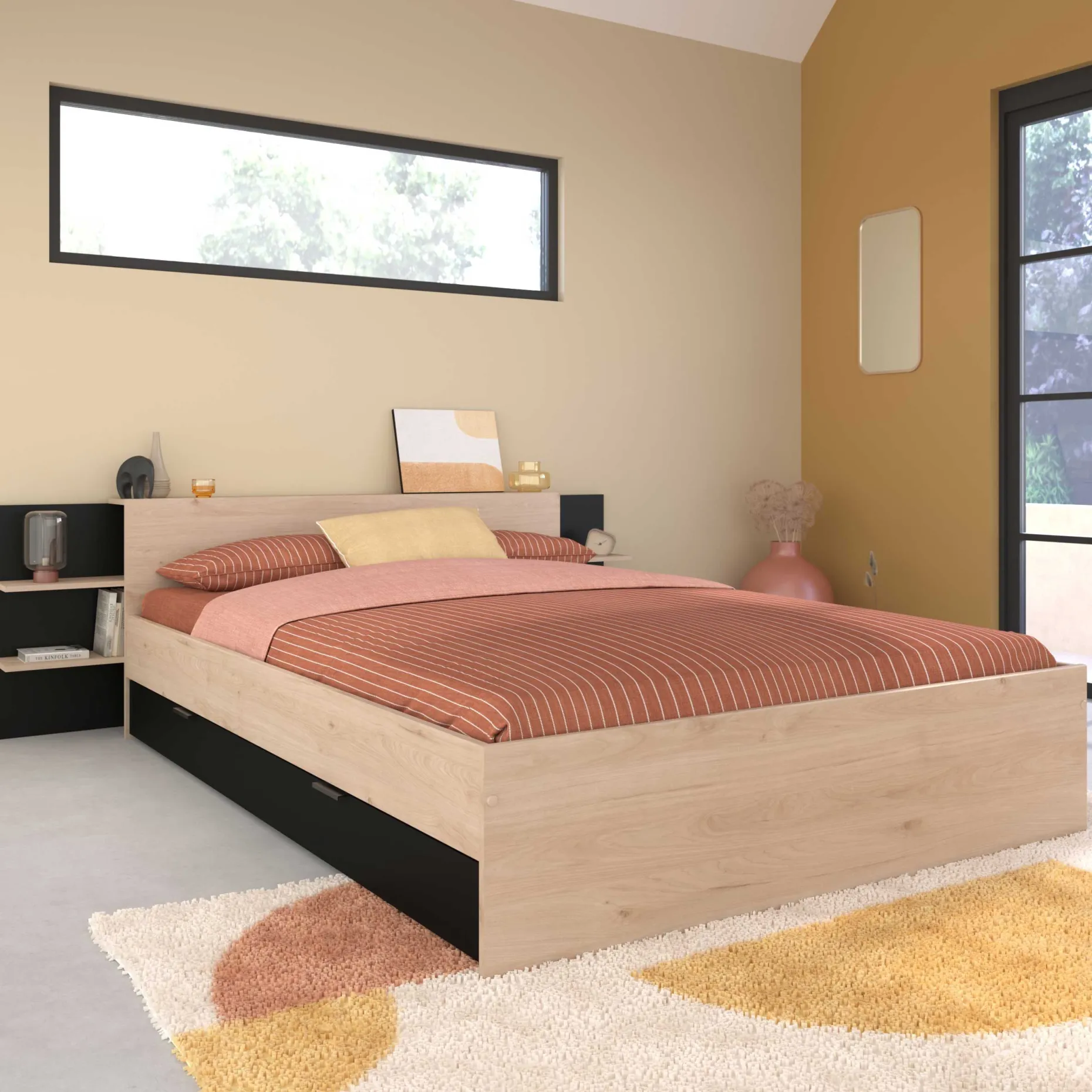 Heron Doppelbett 140x200/190cm mit Schublade - Eiche Dekor/schwarz