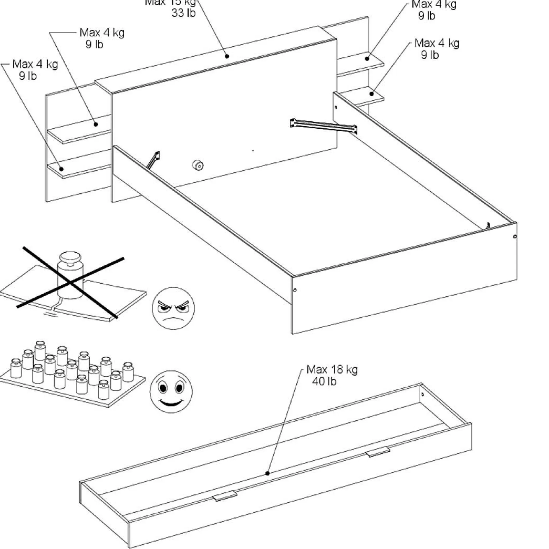 Heron Doppelbett 140x200/190cm mit Schublade - Eiche Dekor/schwarz