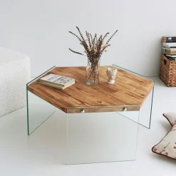 Emob Hexagon Couchtisch | GEHÄRTETES GLAS | Eiche