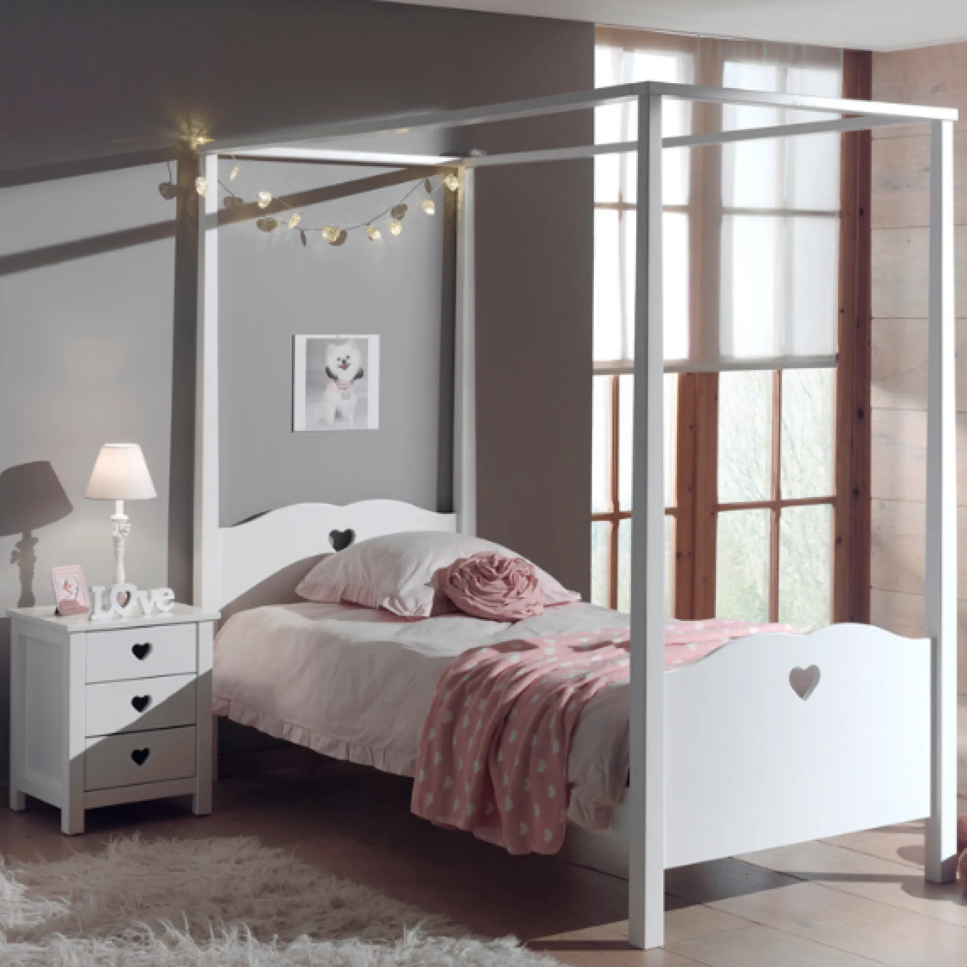 Kinder Vipack Himmelbett 90x200 cm und Nachttisch Amori-