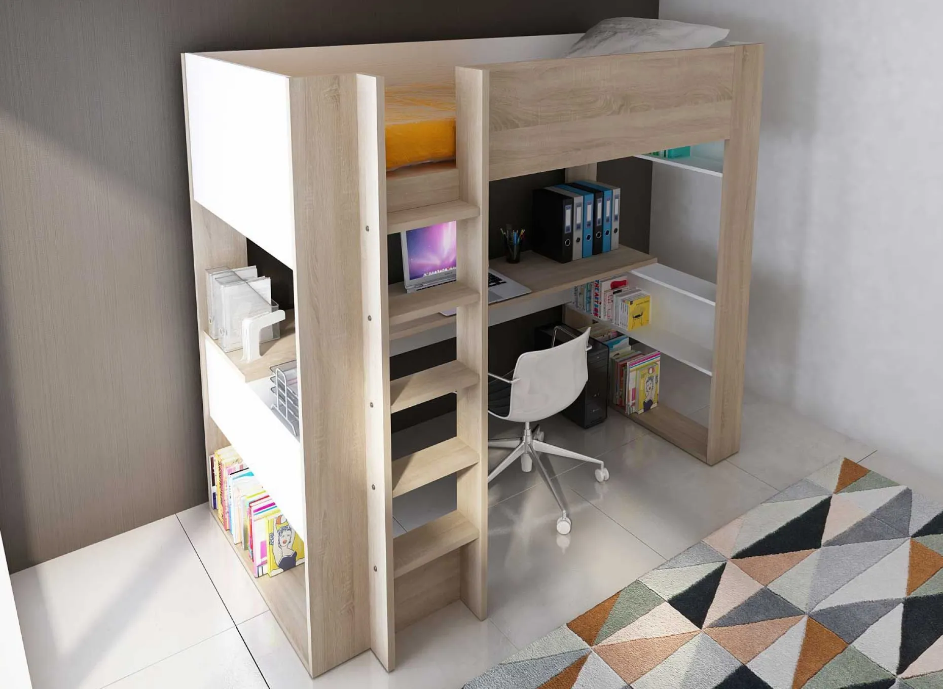 Hochbett Beau mit Schreibtisch - weiß