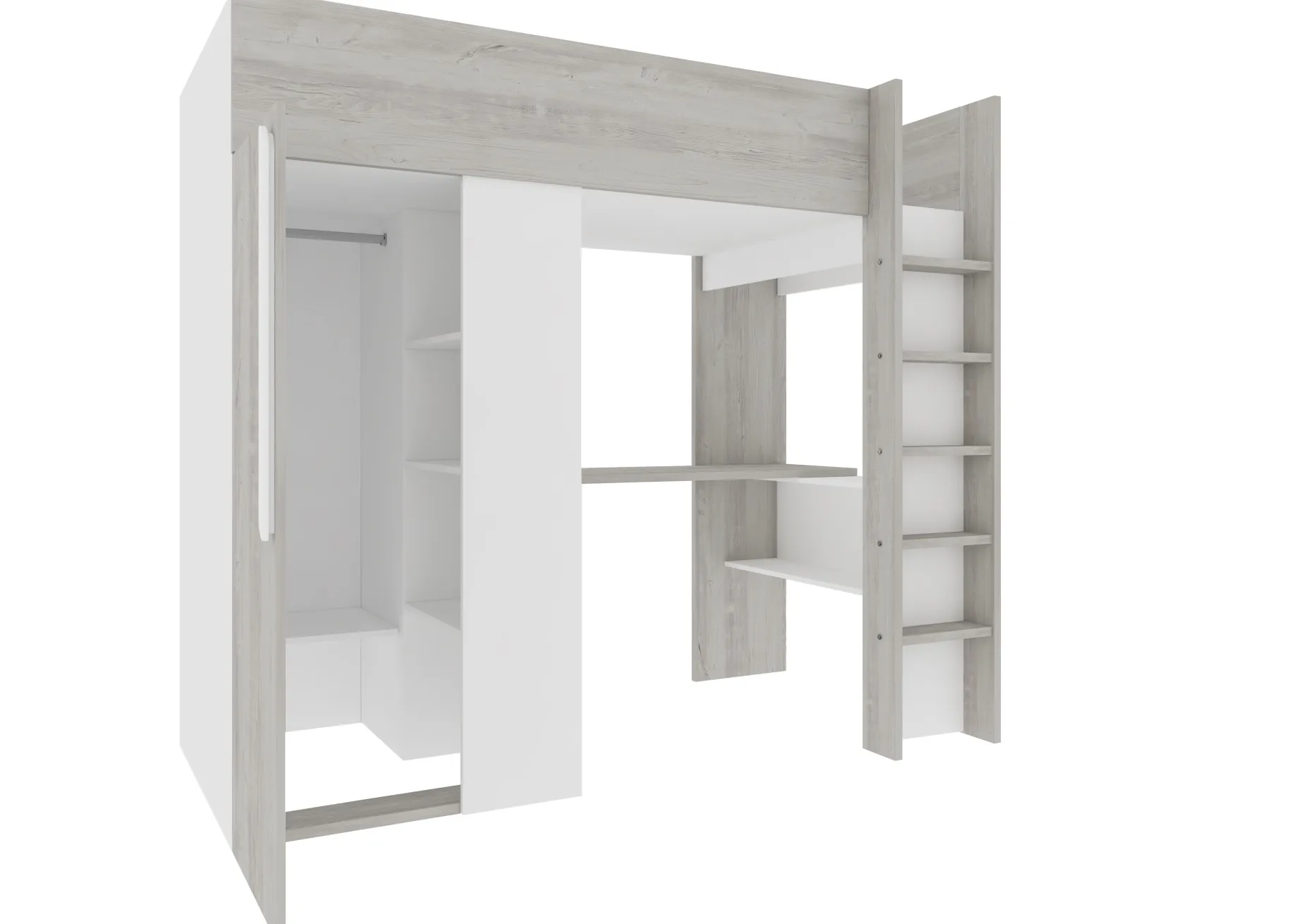 Hochbett Beau 90x200 mit Schreibtisch und Kleiderschrank - weiß
