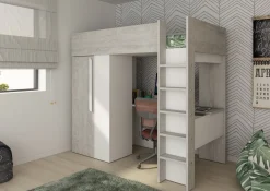 Hochbett Beau 90x200 mit Schreibtisch und Kleiderschrank - weiß