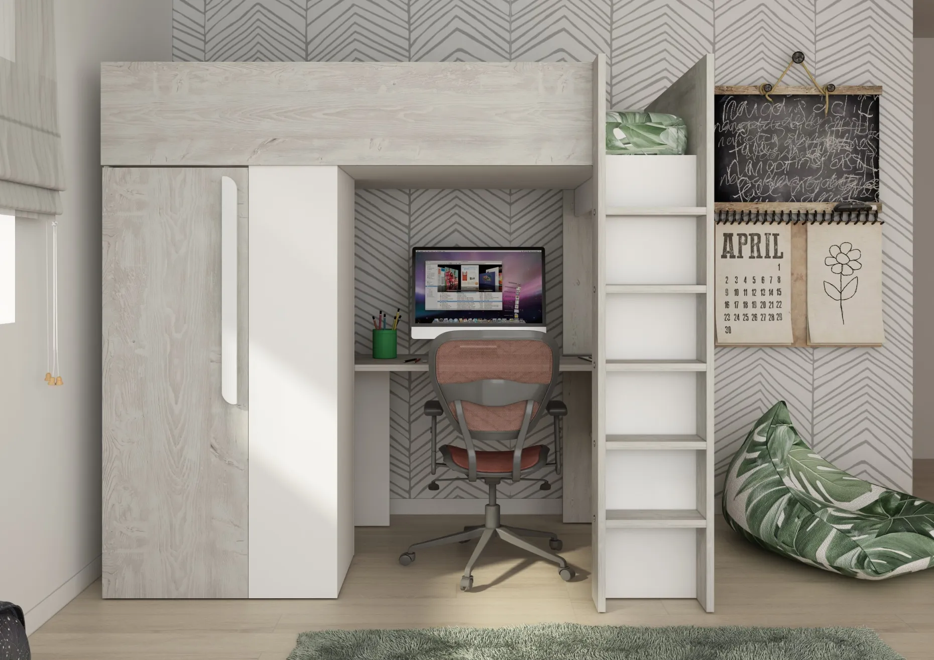 Hochbett Beau 90x200 mit Schreibtisch und Kleiderschrank - weiß