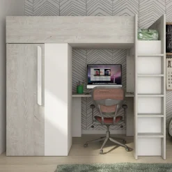 Hochbett Beau 90x200 mit Schreibtisch und Kleiderschrank - weiß