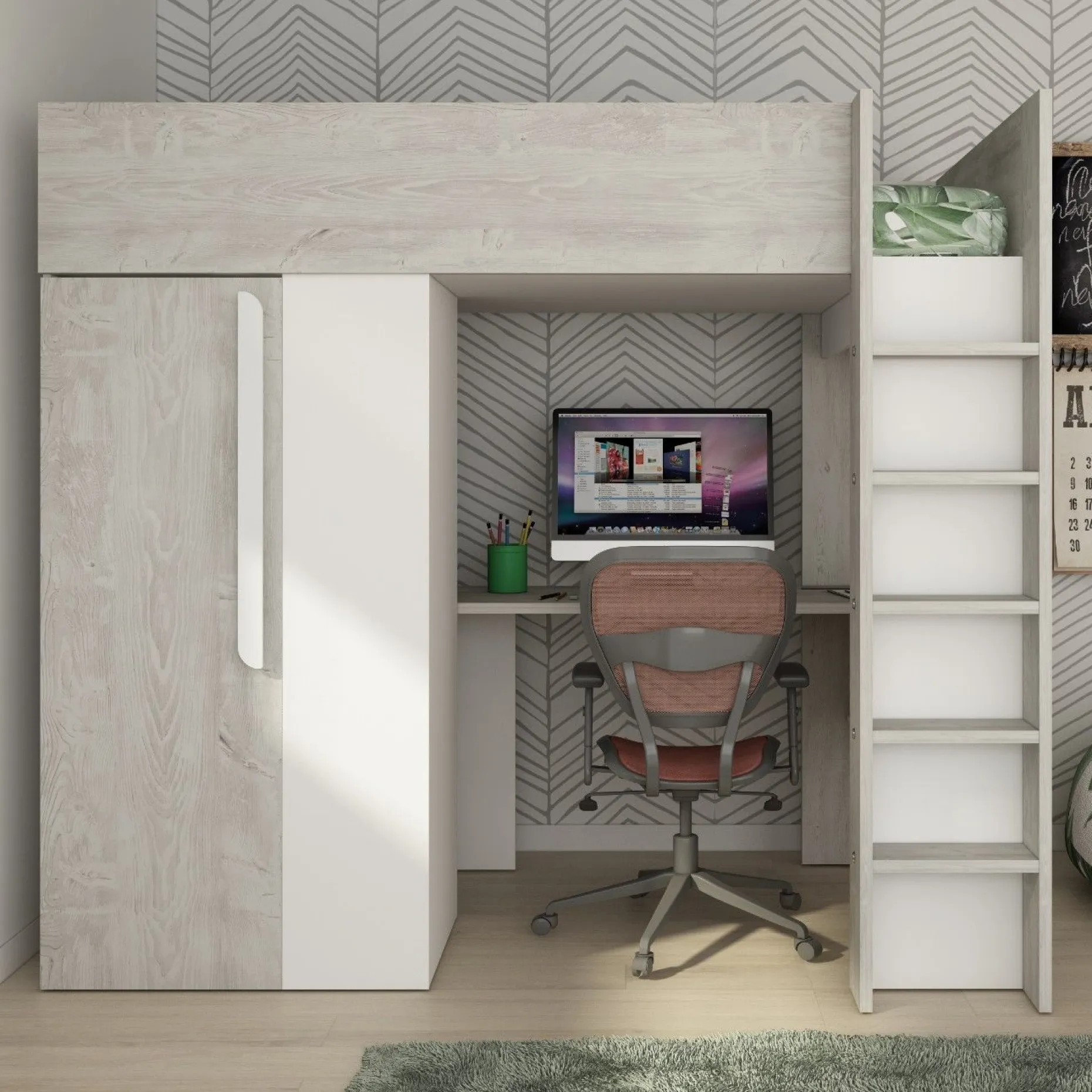 Hochbett Beau 90x200 mit Schreibtisch und Kleiderschrank - weiß