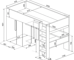 Hochbett Beau 90x200 mit Schreibtisch und Kleiderschrank - weiß