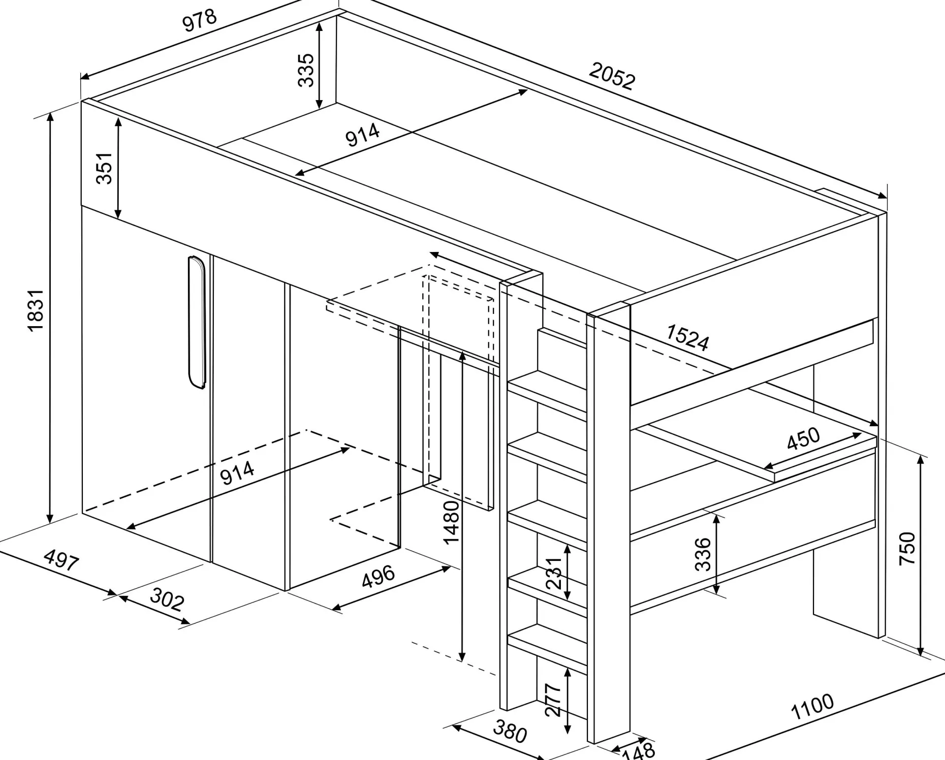 Hochbett Beau 90x200 mit Schreibtisch und Kleiderschrank - weiß
