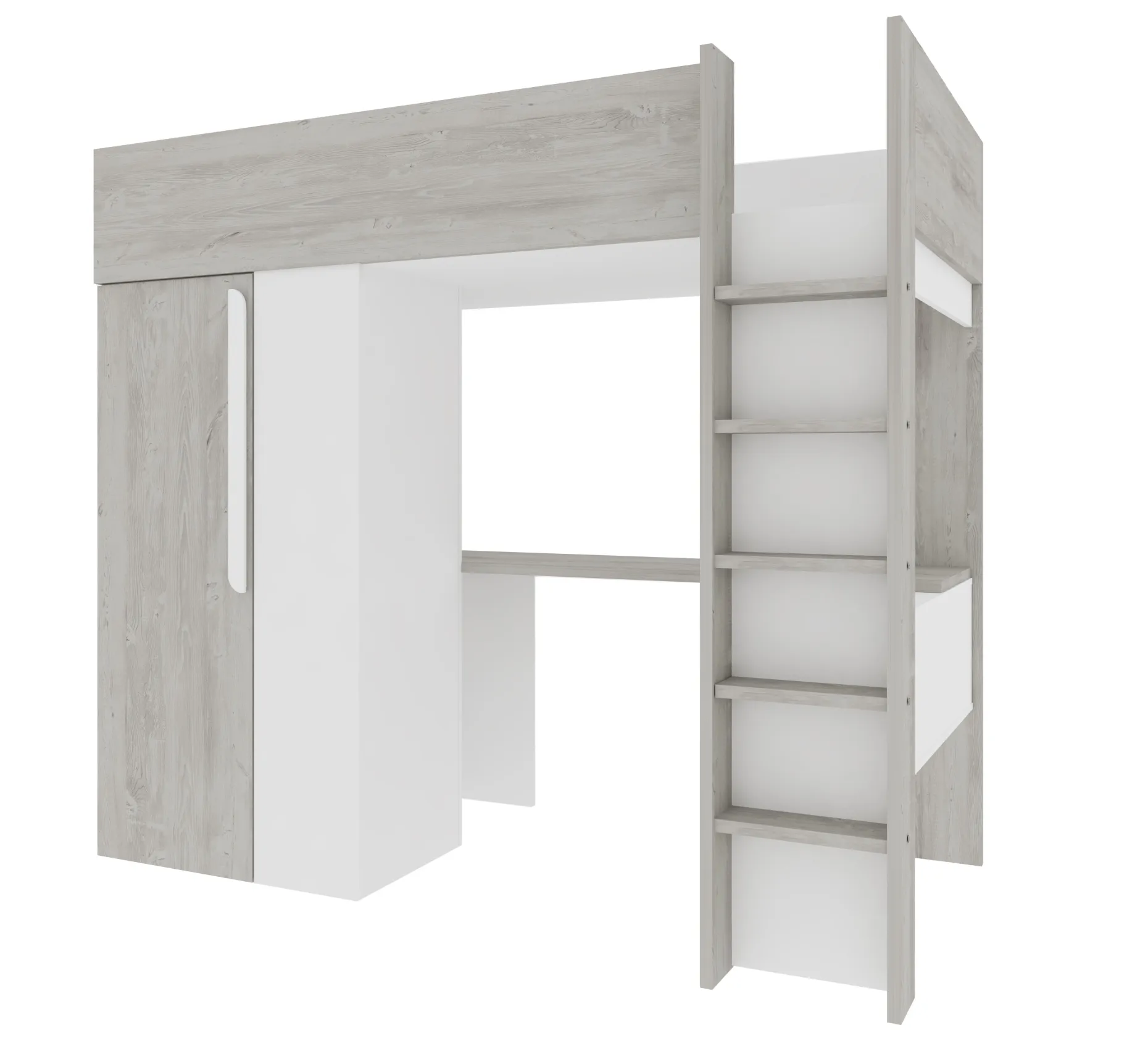 Hochbett Beau 90x200 mit Schreibtisch und Kleiderschrank - weiß