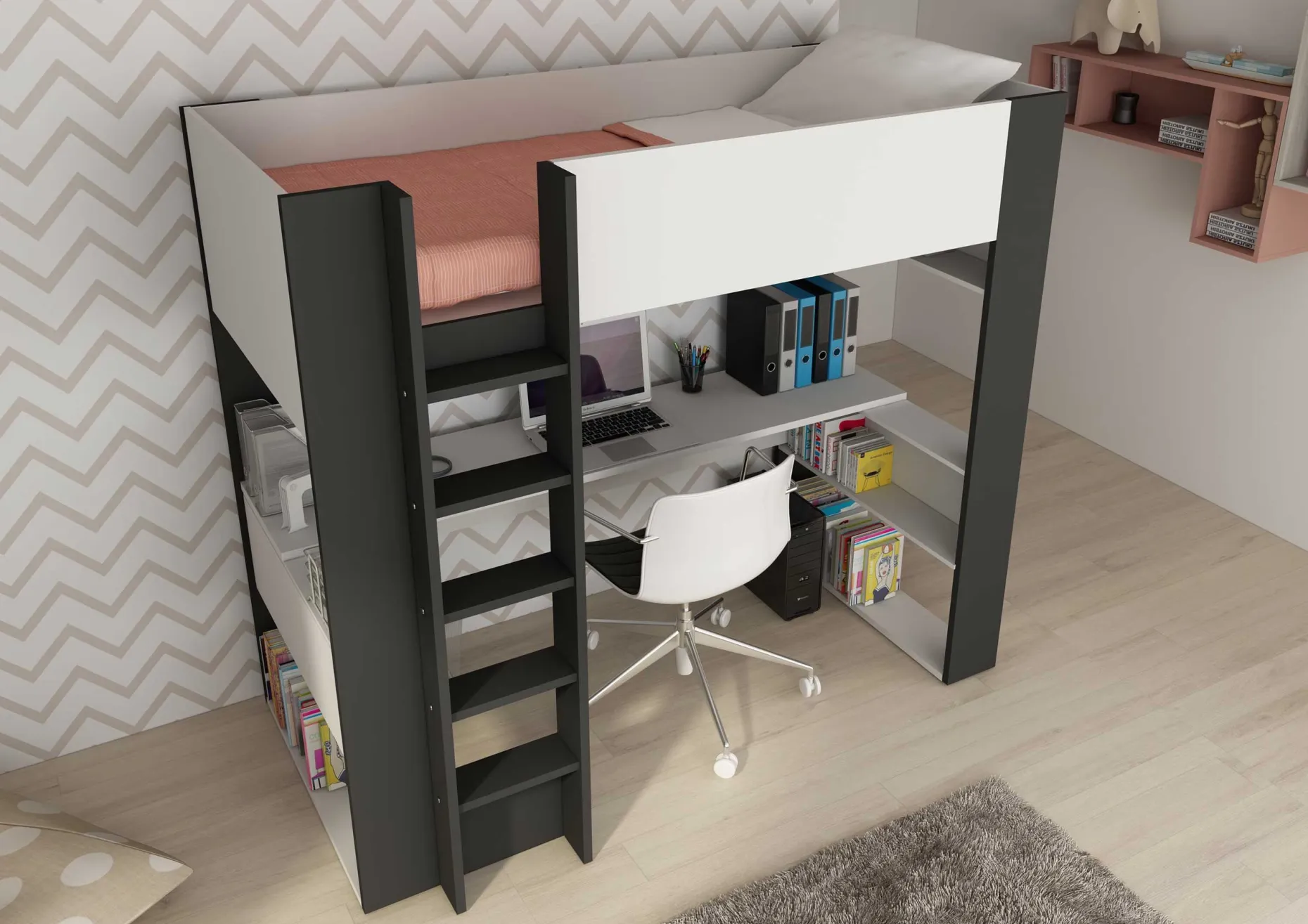 Hochbett Beau 90x200 mit Schreibtisch - weiß/graphit