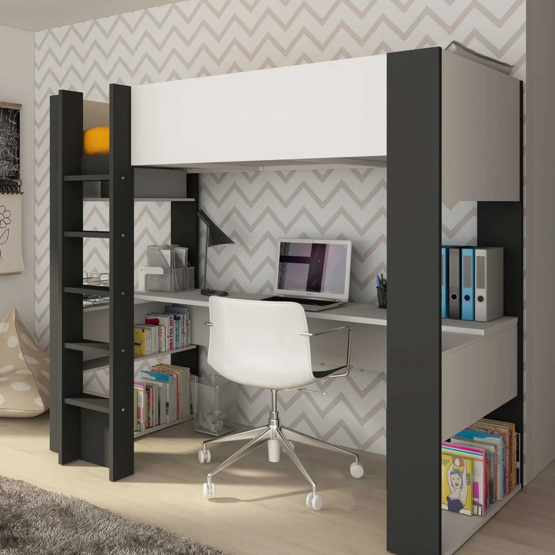Hochbett Beau 90x200 mit Schreibtisch - weiß/graphit