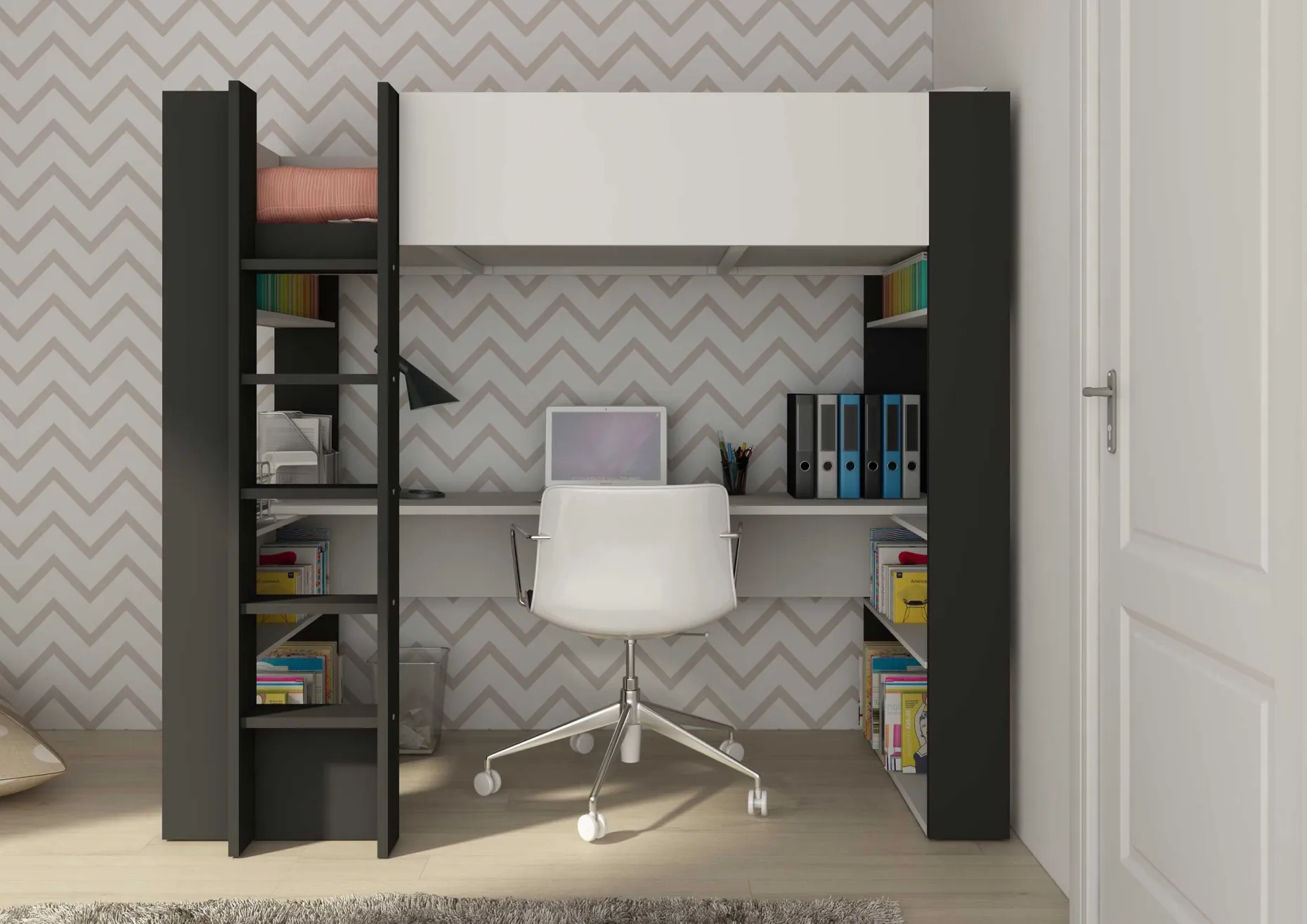 Hochbett Beau 90x200 mit Schreibtisch - weiß/graphit