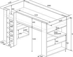 Hochbett Beau 90x200 mit Schreibtisch - weiß/graphit