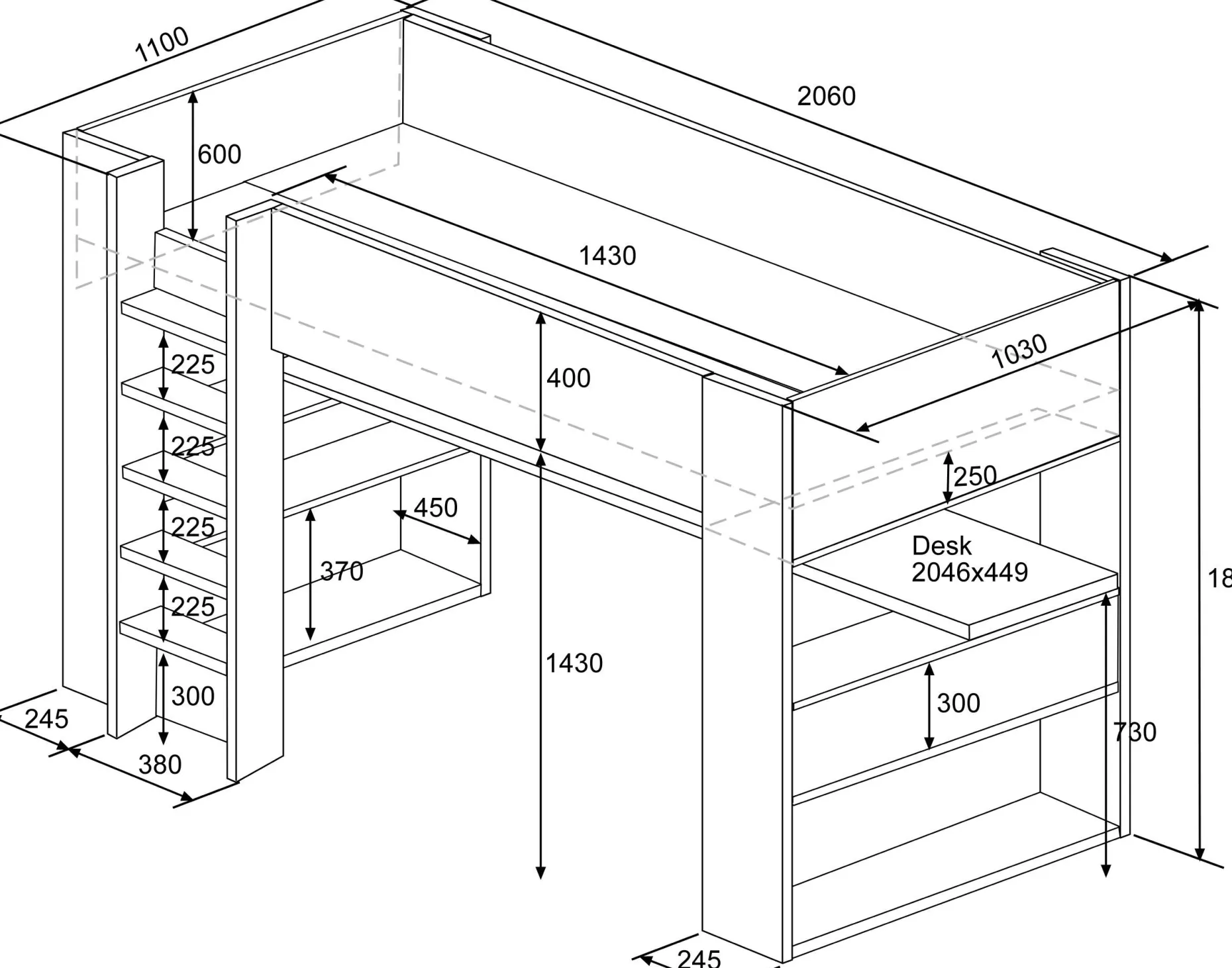 Hochbett Beau 90x200 mit Schreibtisch - weiß/graphit