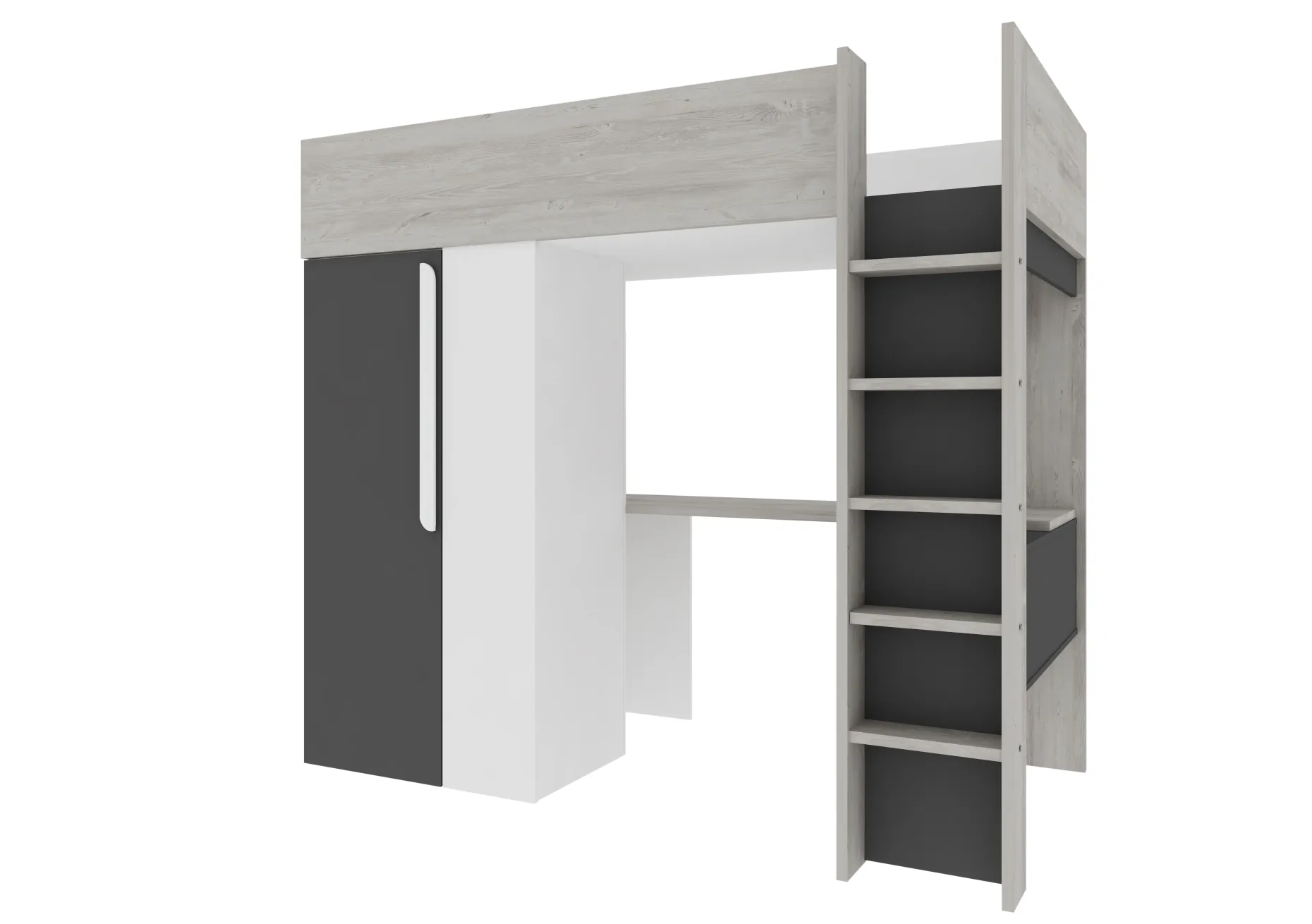 Hochbett Beau 90x200 mit Schreibtisch und Kleiderschrank - schattengrau