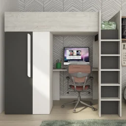Hochbett Beau 90x200 mit Schreibtisch und Kleiderschrank - schattengrau