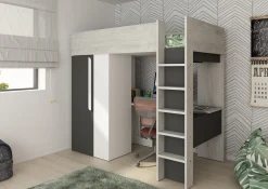 Hochbett Beau 90x200 mit Schreibtisch und Kleiderschrank - schattengrau