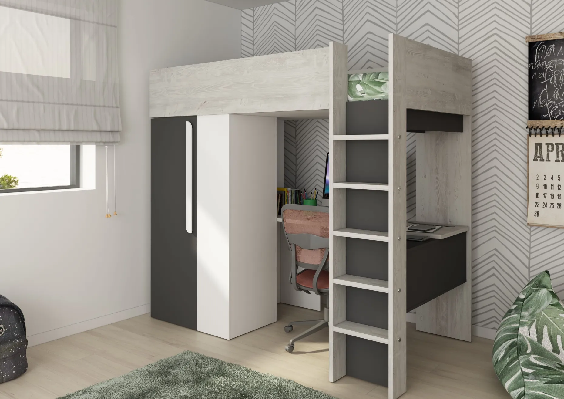 Hochbett Beau 90x200 mit Schreibtisch und Kleiderschrank - schattengrau