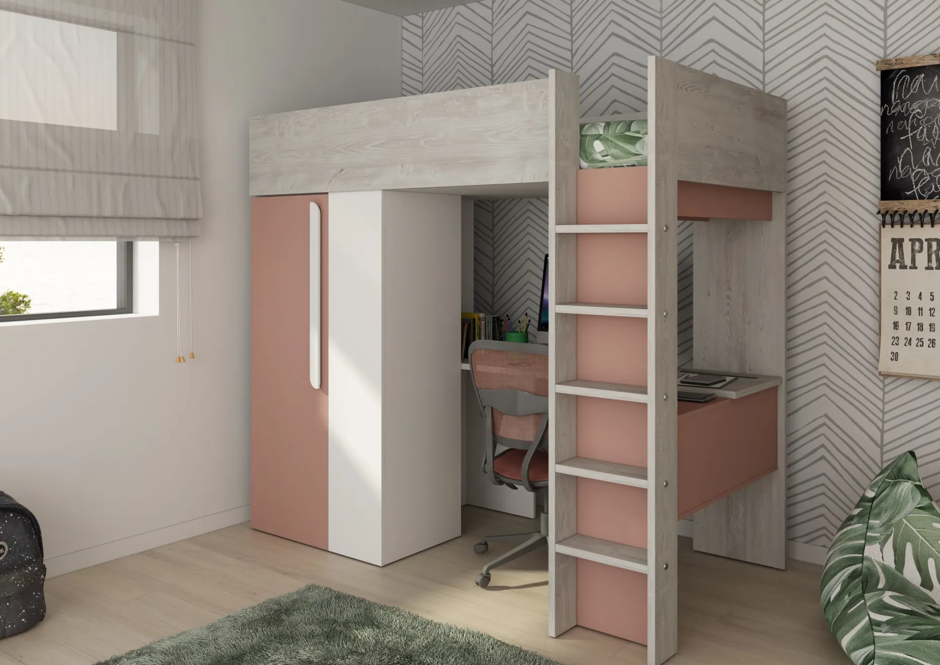 Hochbett Beau 90x200 mit Schreibtisch und Kleiderschrank - altrosa