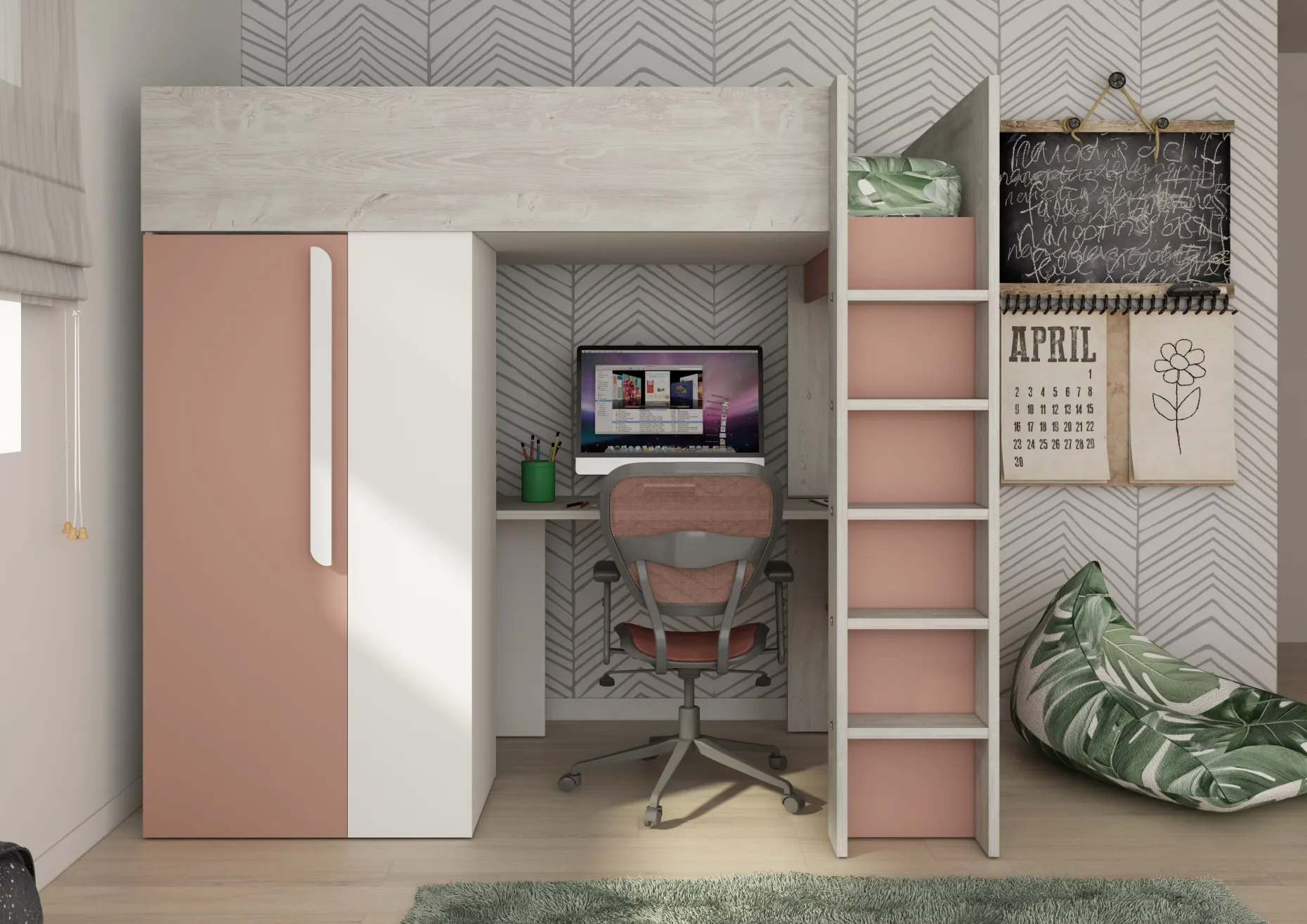 Hochbett Beau 90x200 mit Schreibtisch und Kleiderschrank - altrosa