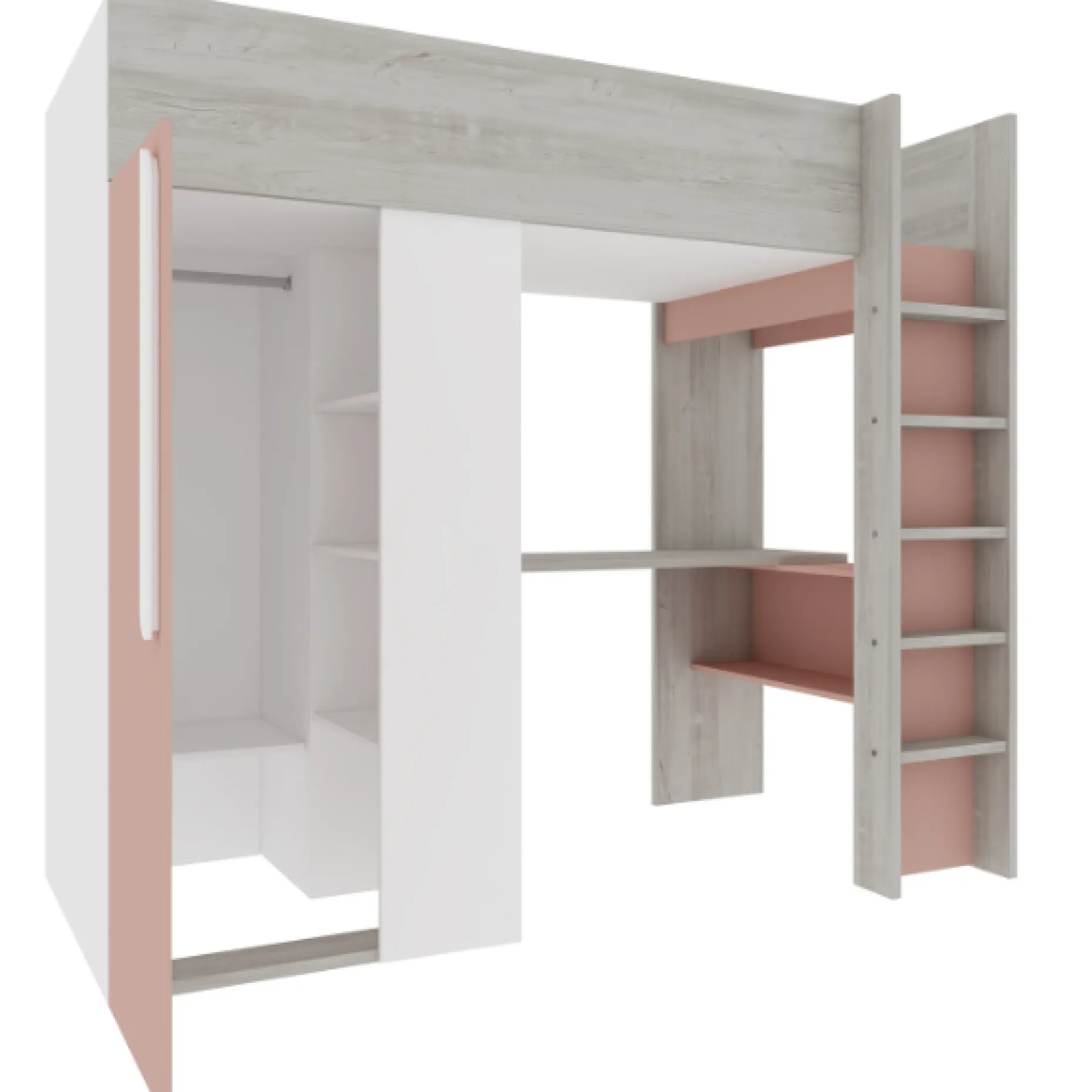 Hochbett Beau 90x200 mit Schreibtisch und Kleiderschrank - altrosa