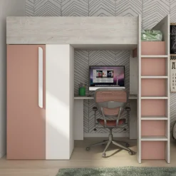 Hochbett Beau 90x200 mit Schreibtisch und Kleiderschrank - altrosa