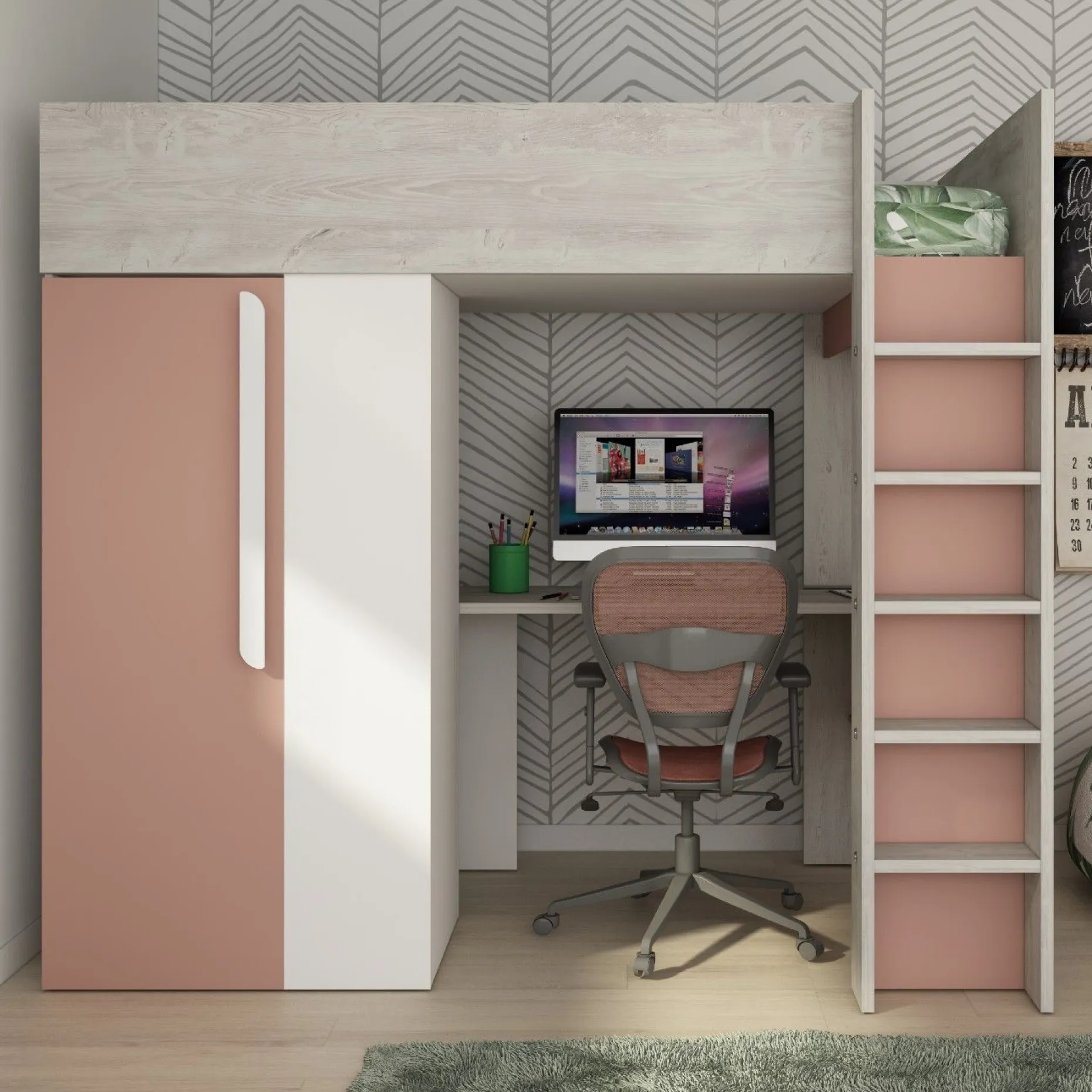 Hochbett Beau 90x200 mit Schreibtisch und Kleiderschrank - altrosa