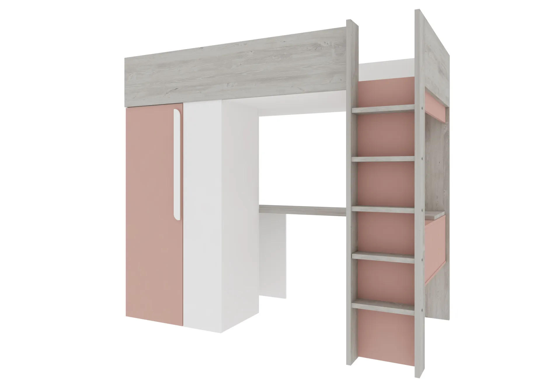 Hochbett Beau 90x200 mit Schreibtisch und Kleiderschrank - altrosa