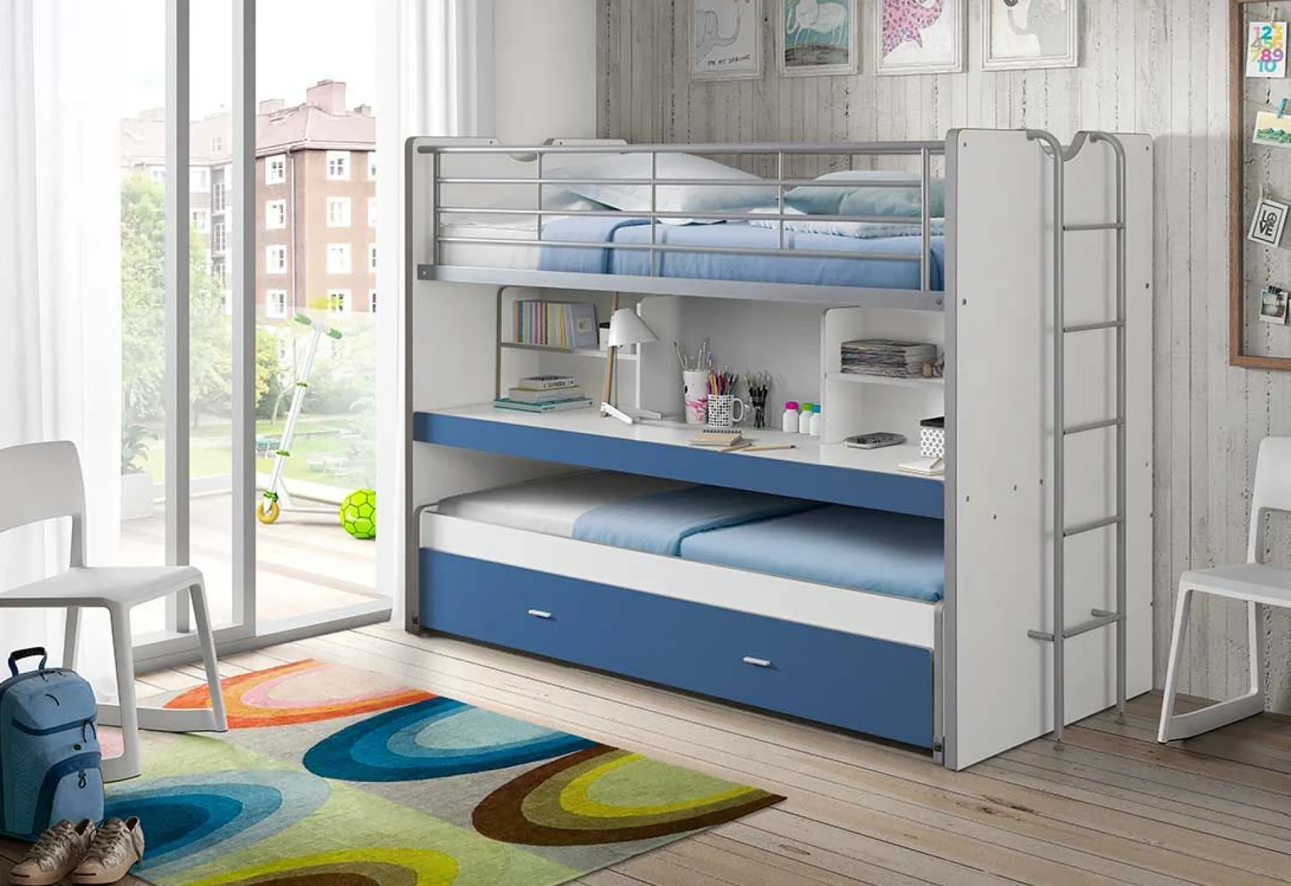 Hochbett Bonny 80 mit Schreibtisch und Bettkasten - blau